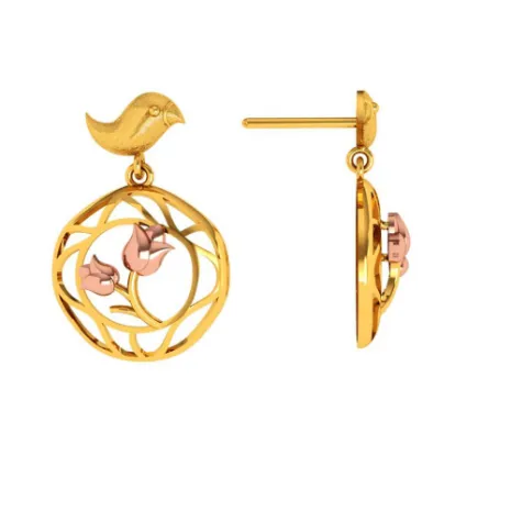 Beautiful 22k Gold Earrings With A Cute Bird And Floral Design