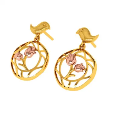 Beautiful 22k Gold Earrings With A Cute Bird And Floral Design