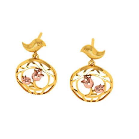Beautiful 22k Gold Earrings With A Cute Bird And Floral Design