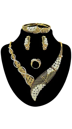 Beautiful Bold Gold Plated Detailed Necklace Earring Jewelry Set