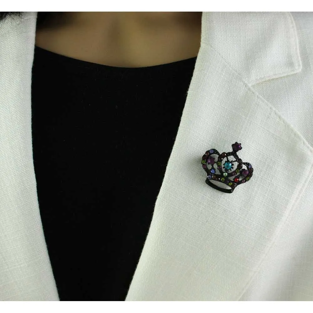 Black Crown with Bejeweled Crystals Brooch Pin -  PRF362