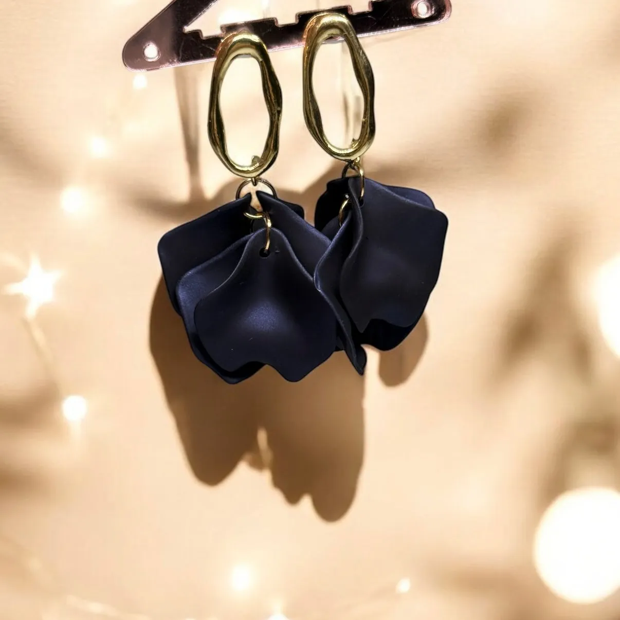 Blue - Navy blue flowers earrings | iridescent petals earrings | gold & blue floral earrings | bridal party wedding earrings