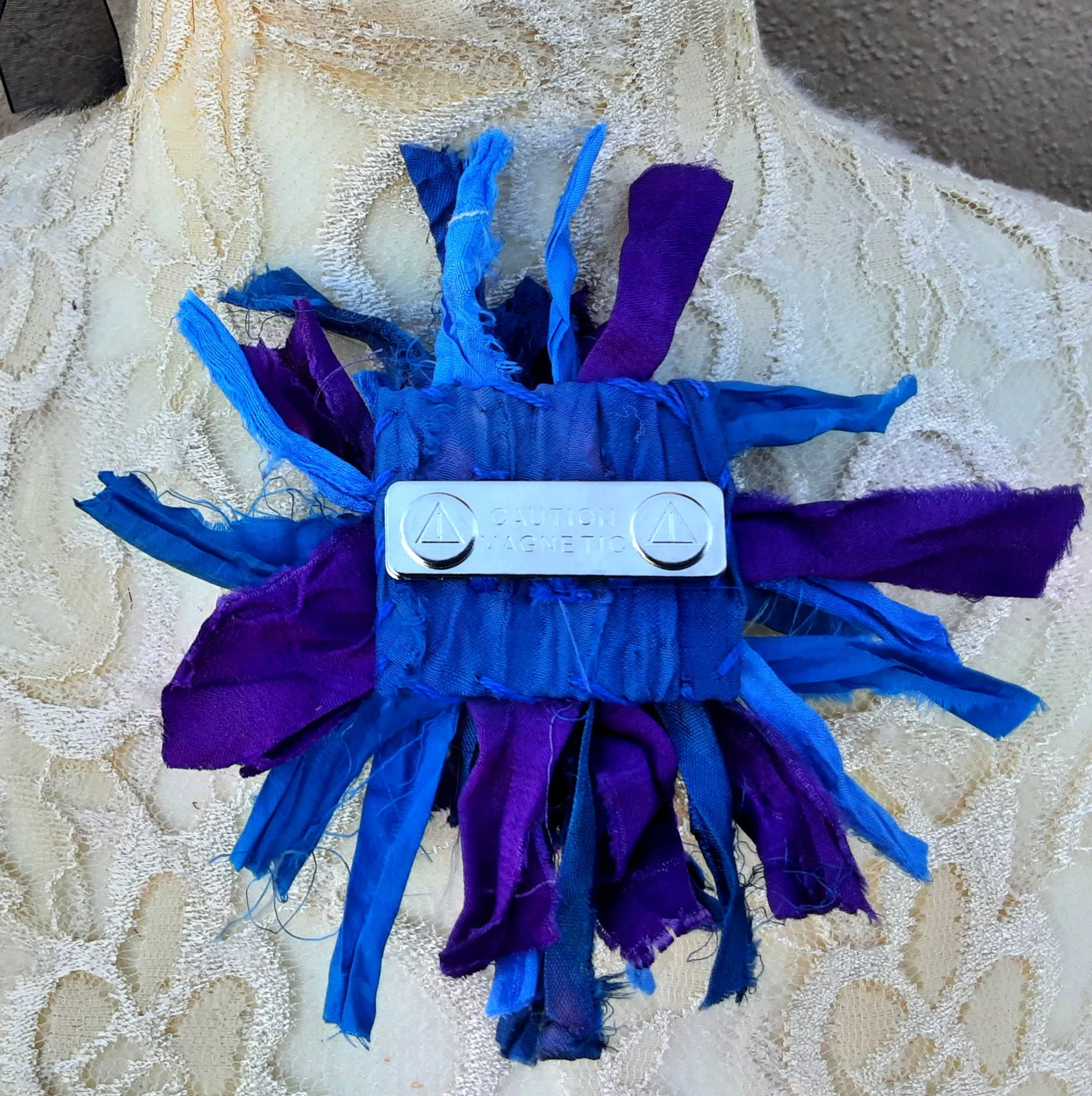 Blue with Purple Sari Silk Ribbon Flower Brooch - Large Fabric Floral Pin - Fiber Art Corsage