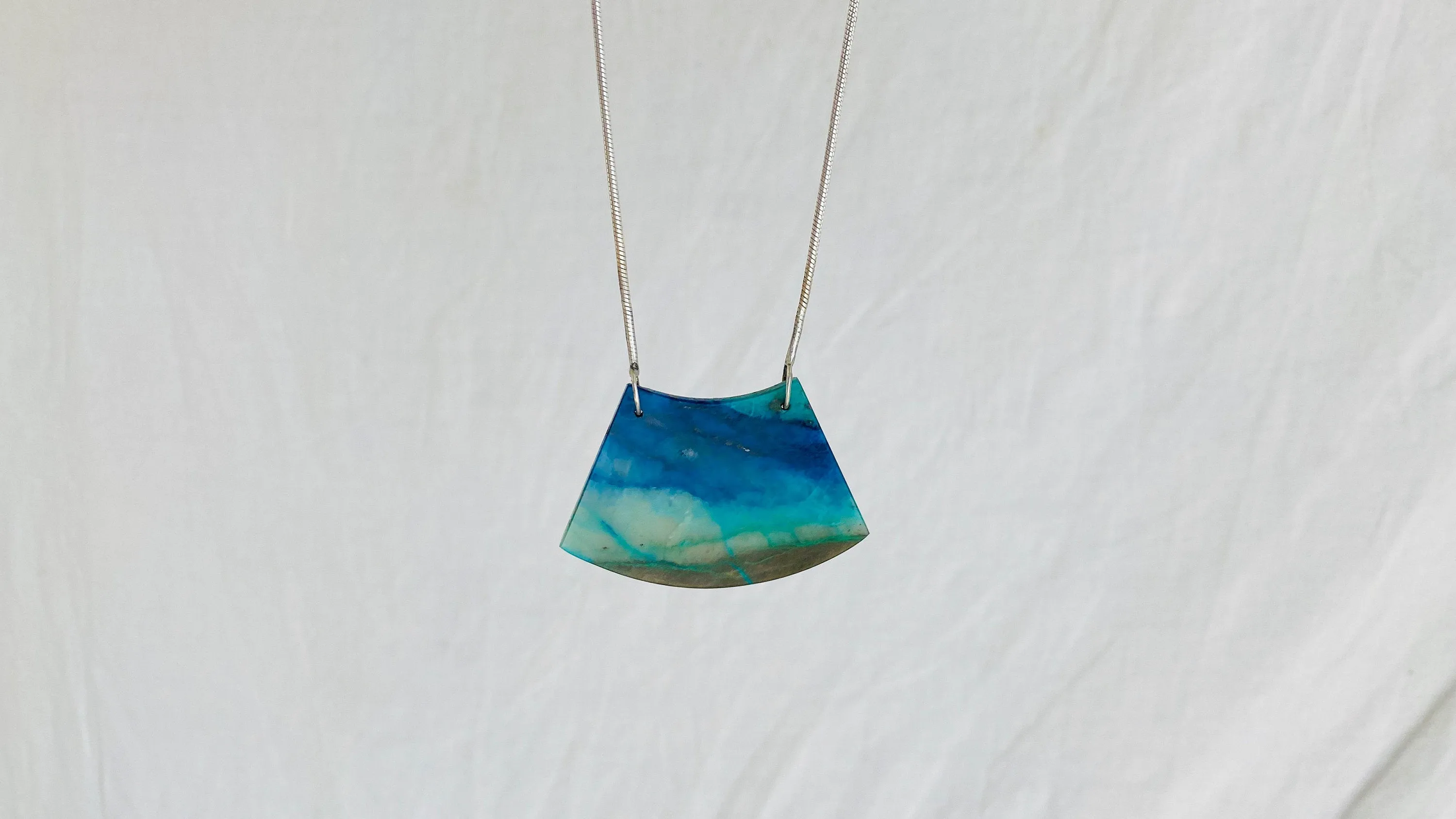 Chrysocolla and Silver Pendant Necklace. Snake Chain