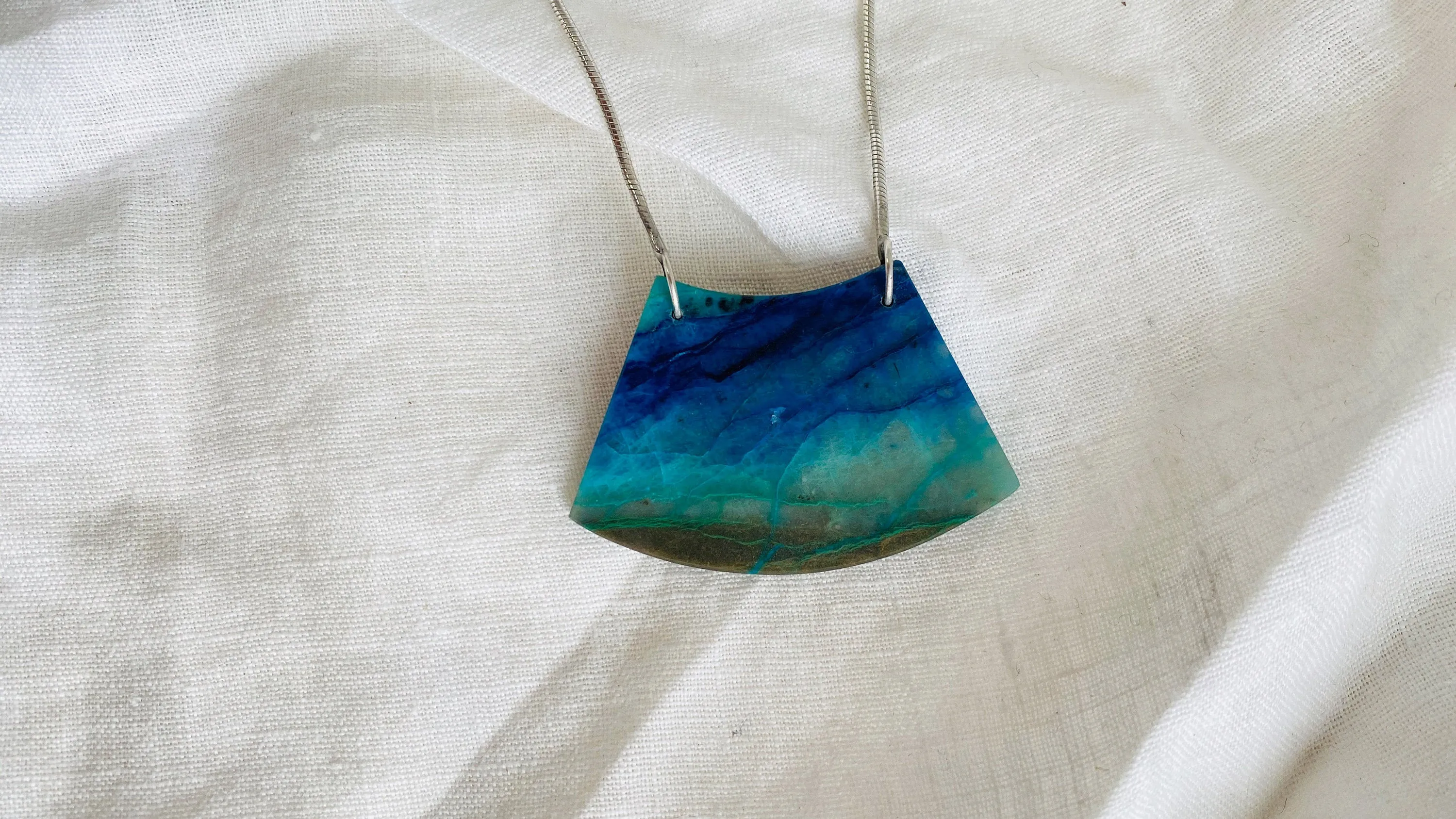 Chrysocolla and Silver Pendant Necklace. Snake Chain