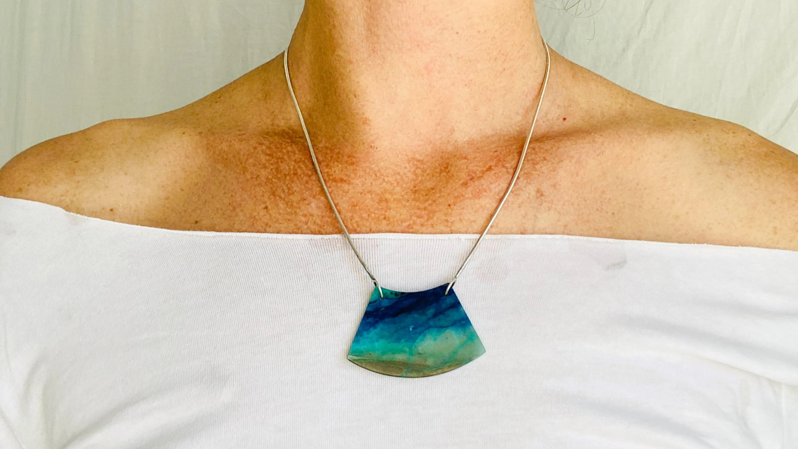 Chrysocolla and Silver Pendant Necklace. Snake Chain