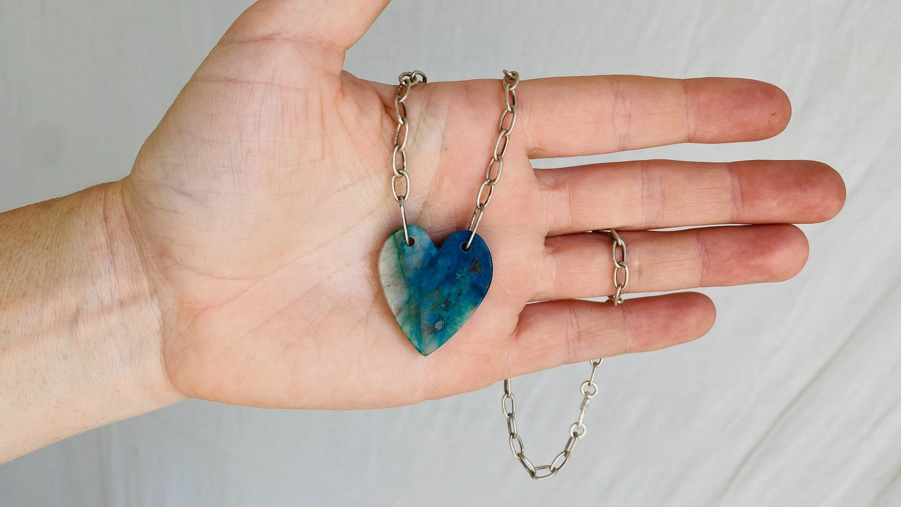 Chrysocolla Heart Pendant Necklace. Sterling Silver Chain