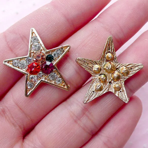 CLEARANCE Star Metal Cabochon w/ Colorful Rhinestones (2pcs / 23mm x 24mm / Gold) Brooch Hair Pin Headband Making Decoden Rock Embellishment CAB438