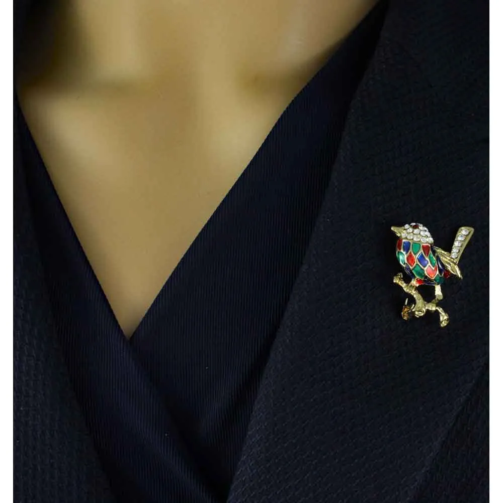 Colorful Enamel and Crystal Mockingbird Brooch Pin - PRB903