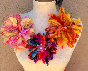 Colorful Flower Brooch and or Hair PIn - Large Floral Pin - Sari Silk Ribbon Art Corsage - Recycled Fabric Hair Accessory