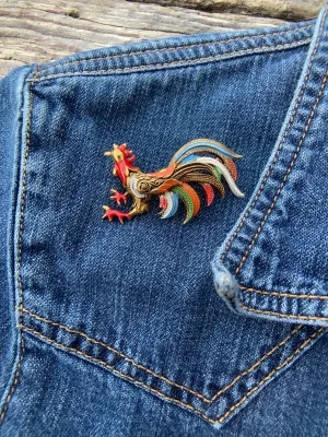 Colorful Vintage Damascene Rooster Brooch