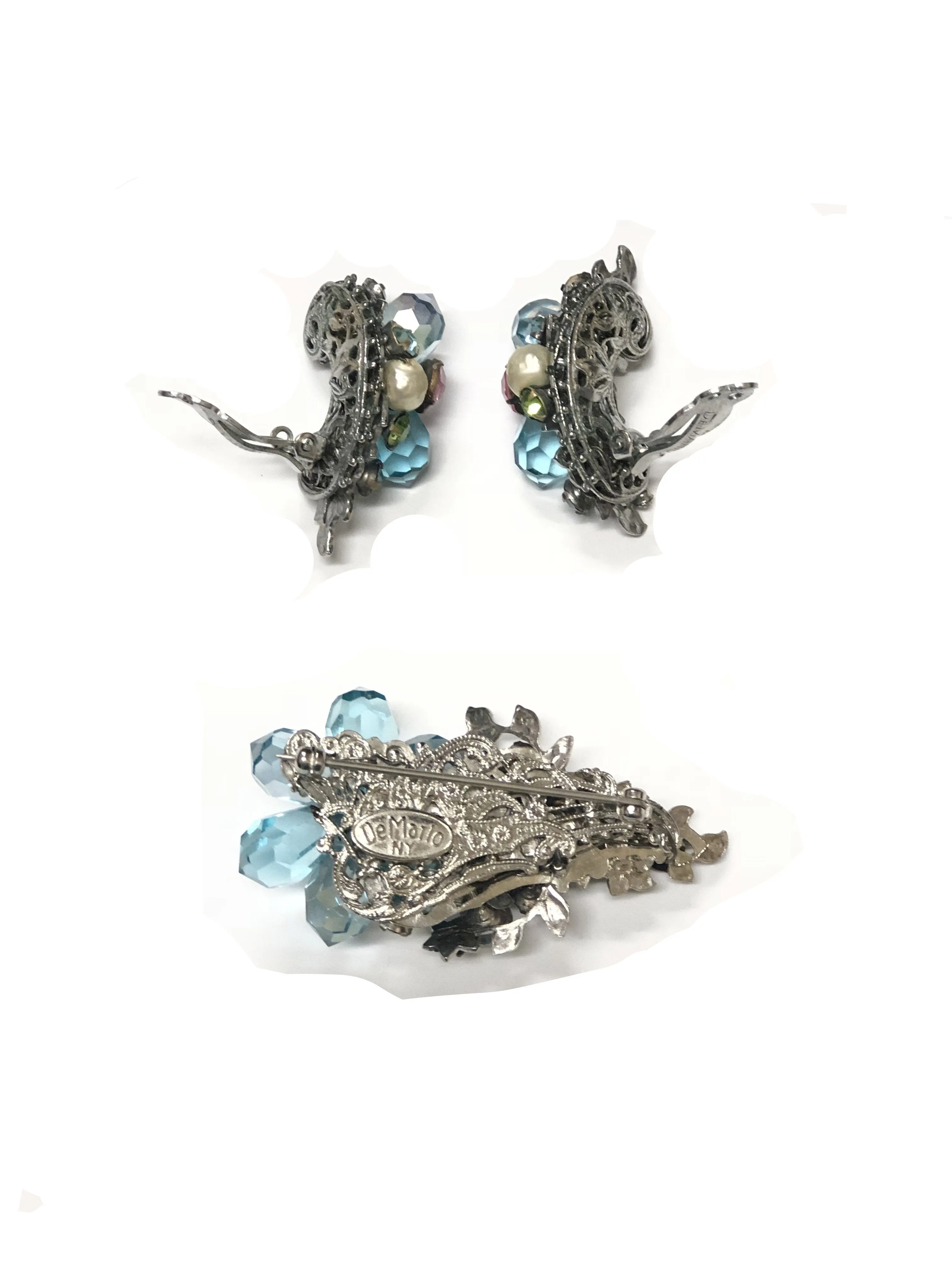 DE MARIO NY VINTAGE ENCRUSTED CRYSTAL CLIP-ON EARRINGS-BROOCH