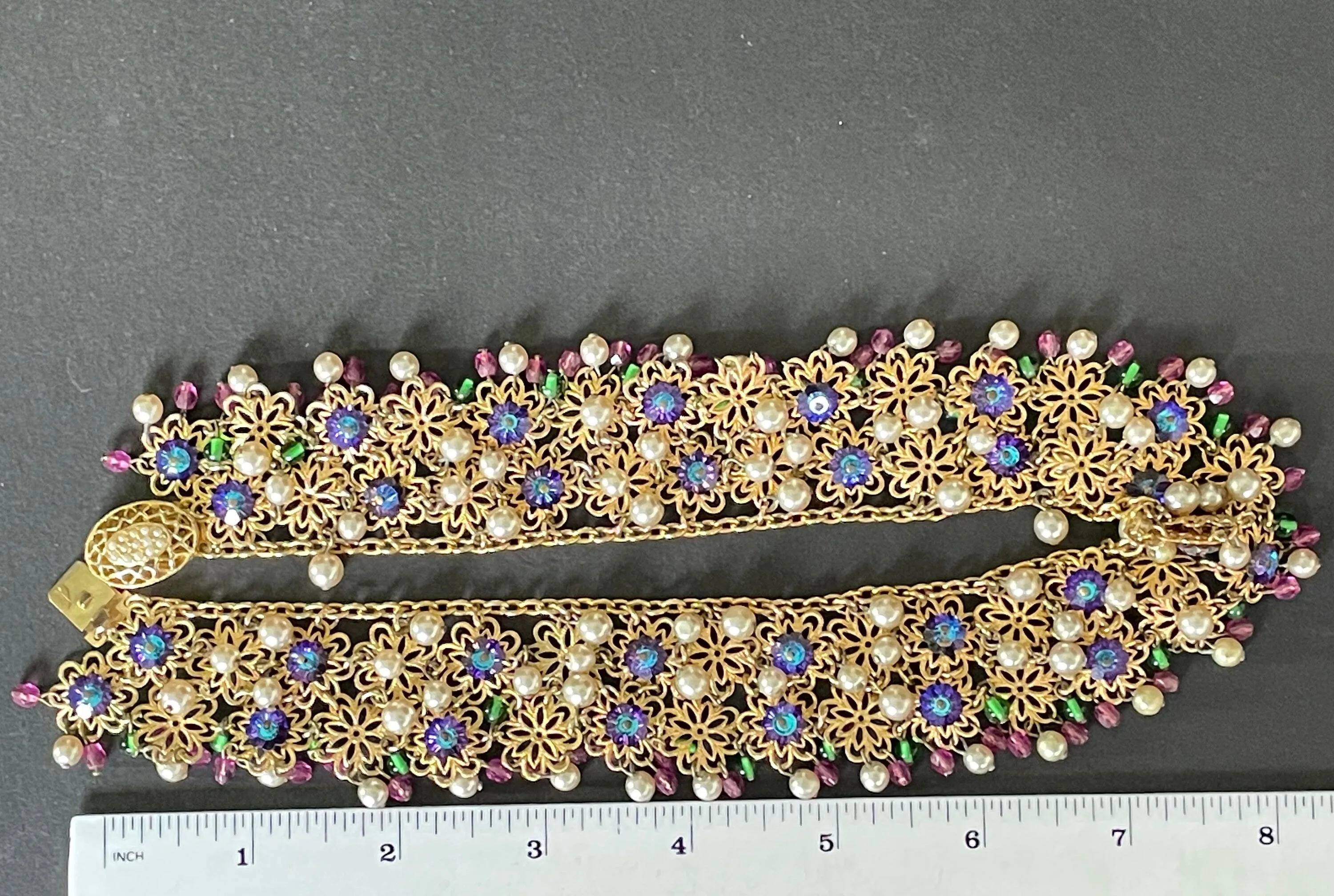 Elaborate vintage Czech style chandelier vitrail margarita rhinestone, faceted crystal & glass pearl bead gold tone filigree collar necklace