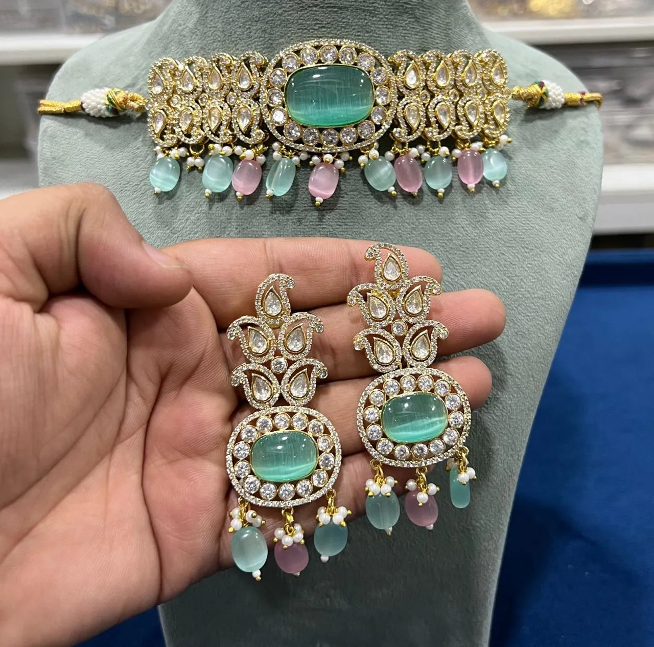 Elegant Wedding CZ Choker Matching Floral  Earrings Set, Floral AD Jewelry Set, Floral CZ Choker Earrings, AD jewelry set, Wedding AD Floral Necklace, AD Floral  Chandbali