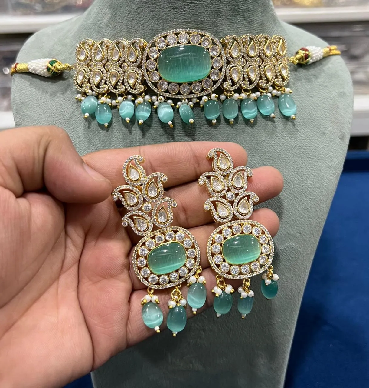 Elegant Wedding CZ Choker Matching Floral  Earrings Set, Floral AD Jewelry Set, Floral CZ Choker Earrings, AD jewelry set, Wedding AD Floral Necklace, AD Floral  Chandbali