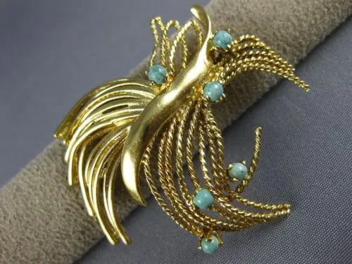 ESTATE LARGE AAA TURQUOISE 14KT YELLOW GOLD 3D CLASSIC ROPE LEAF BROOCH PIN