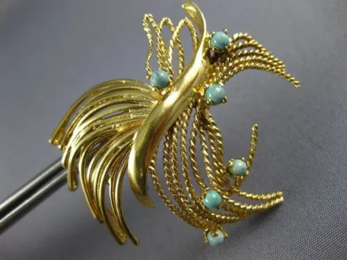 ESTATE LARGE AAA TURQUOISE 14KT YELLOW GOLD 3D CLASSIC ROPE LEAF BROOCH PIN