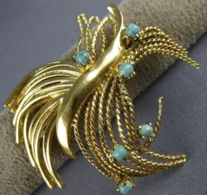 ESTATE LARGE AAA TURQUOISE 14KT YELLOW GOLD 3D CLASSIC ROPE LEAF BROOCH PIN