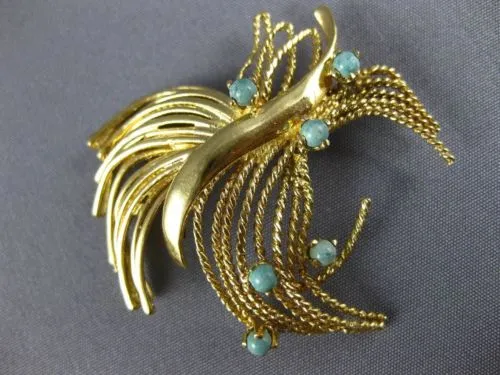 ESTATE LARGE AAA TURQUOISE 14KT YELLOW GOLD 3D CLASSIC ROPE LEAF BROOCH PIN