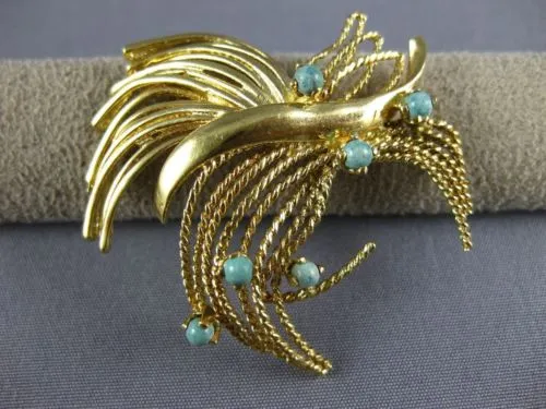 ESTATE LARGE AAA TURQUOISE 14KT YELLOW GOLD 3D CLASSIC ROPE LEAF BROOCH PIN
