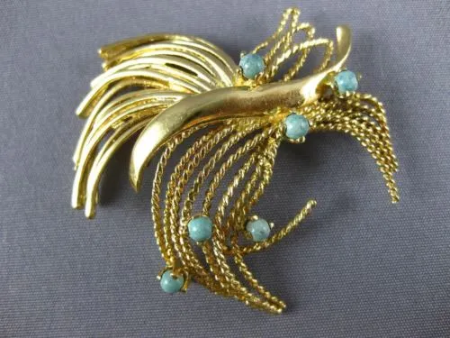 ESTATE LARGE AAA TURQUOISE 14KT YELLOW GOLD 3D CLASSIC ROPE LEAF BROOCH PIN