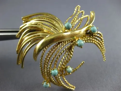 ESTATE LARGE AAA TURQUOISE 14KT YELLOW GOLD 3D CLASSIC ROPE LEAF BROOCH PIN