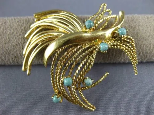 ESTATE LARGE AAA TURQUOISE 14KT YELLOW GOLD 3D CLASSIC ROPE LEAF BROOCH PIN
