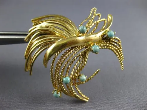ESTATE LARGE AAA TURQUOISE 14KT YELLOW GOLD 3D CLASSIC ROPE LEAF BROOCH PIN