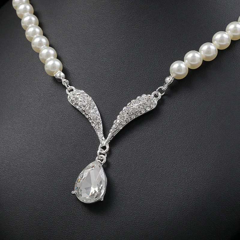 Fashion Jewelry Sets for Women Rhinestone Pearls Pendant Choker Necklace Earrings Set Wedding Jewelry