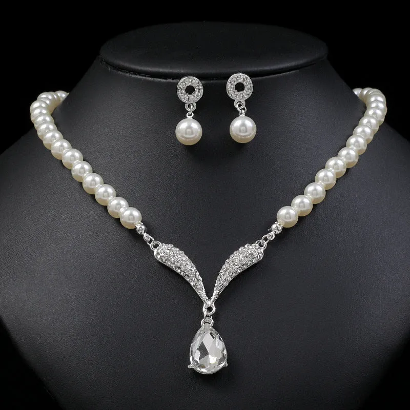 Fashion Jewelry Sets for Women Rhinestone Pearls Pendant Choker Necklace Earrings Set Wedding Jewelry