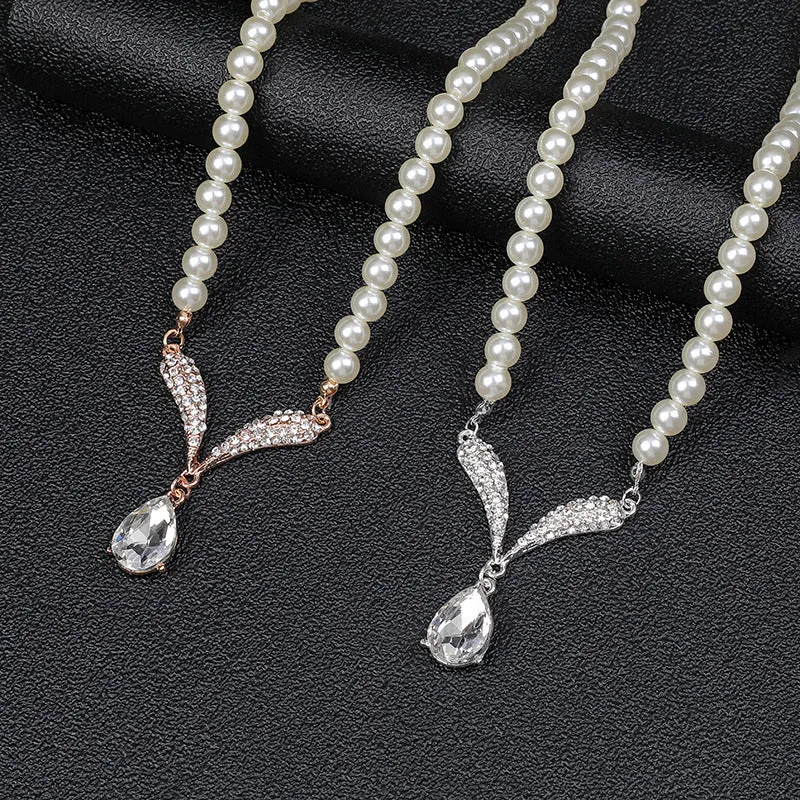 Fashion Jewelry Sets for Women Rhinestone Pearls Pendant Choker Necklace Earrings Set Wedding Jewelry