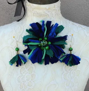 Fuzzy Sari Silk Ribbon Flower Brooch with Earrings - Large Blue & Green Fabric Floral Pin - Vintage Textile Art Corsage