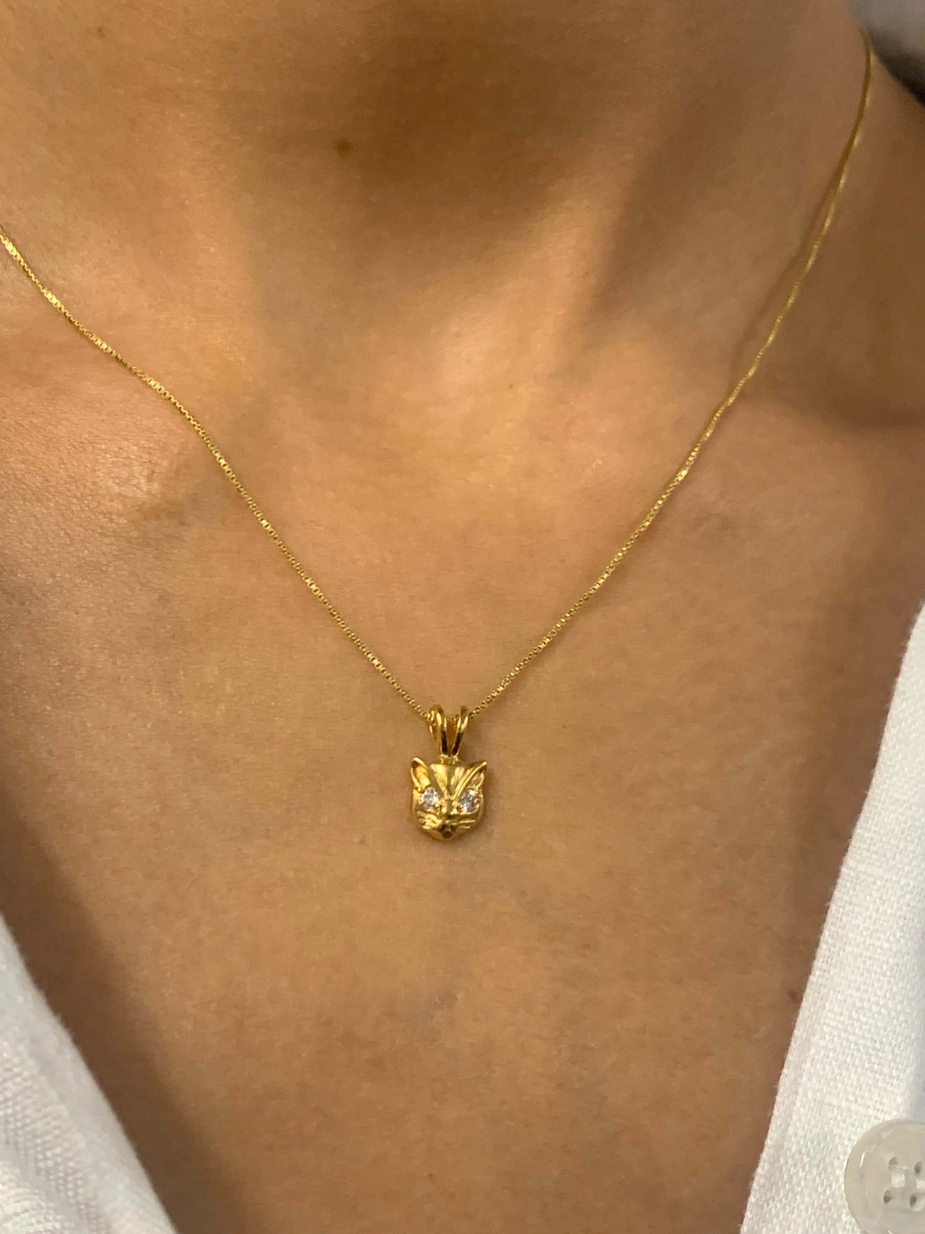 Gold Cat Diamond Pendant - CZ Cat Lover Necklace, Diamond Eye Pendant