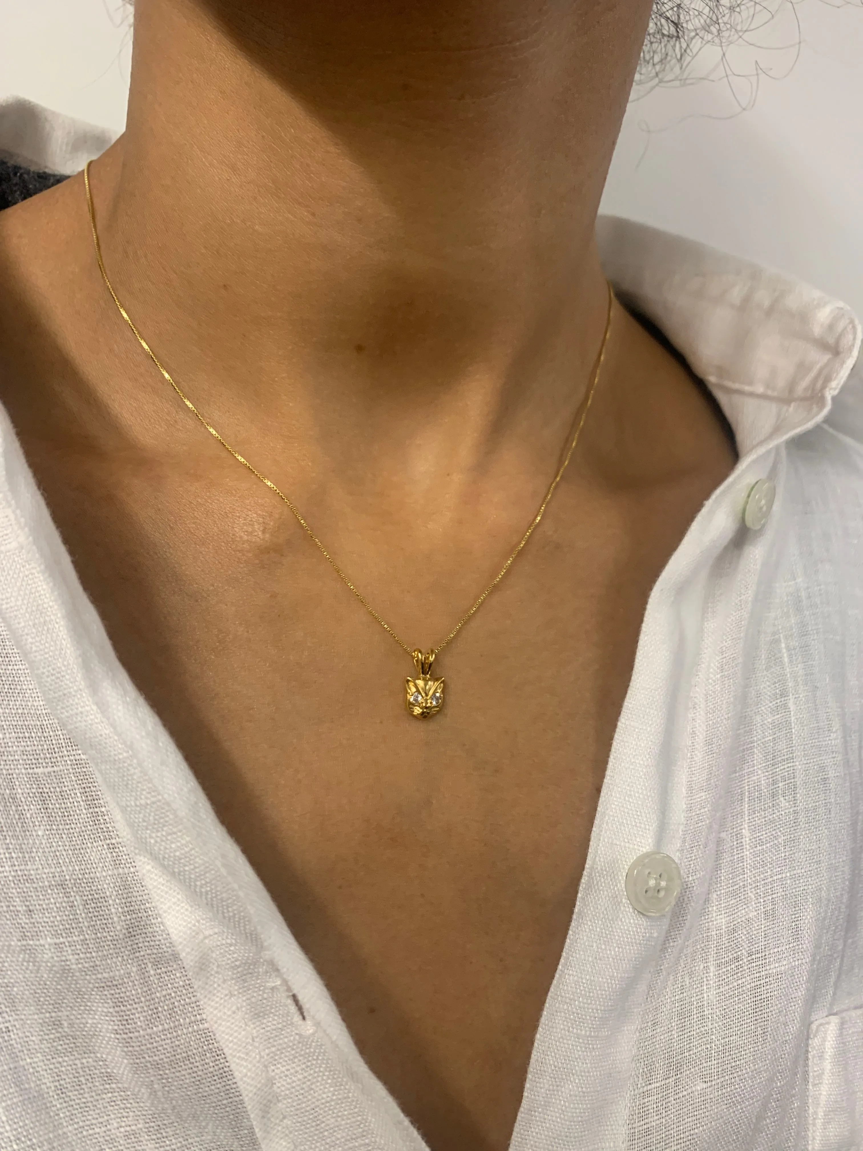 Gold Cat Diamond Pendant - CZ Cat Lover Necklace, Diamond Eye Pendant
