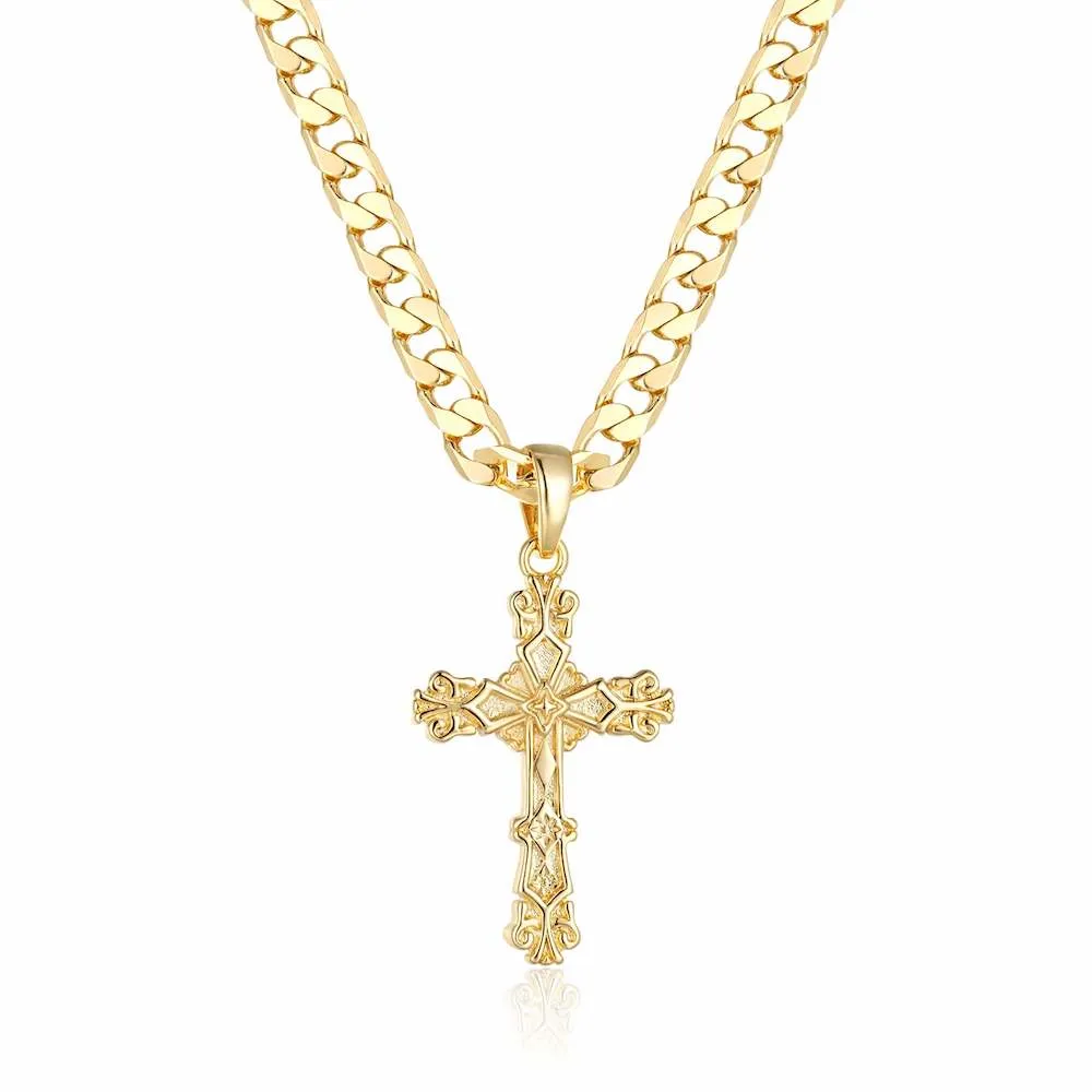 Gold Filigree Cross Pendant 22 Inch 4mm Cuban Chain