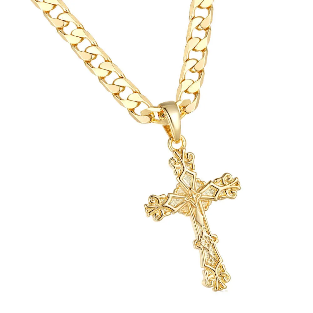 Gold Filigree Cross Pendant 22 Inch 4mm Cuban Chain