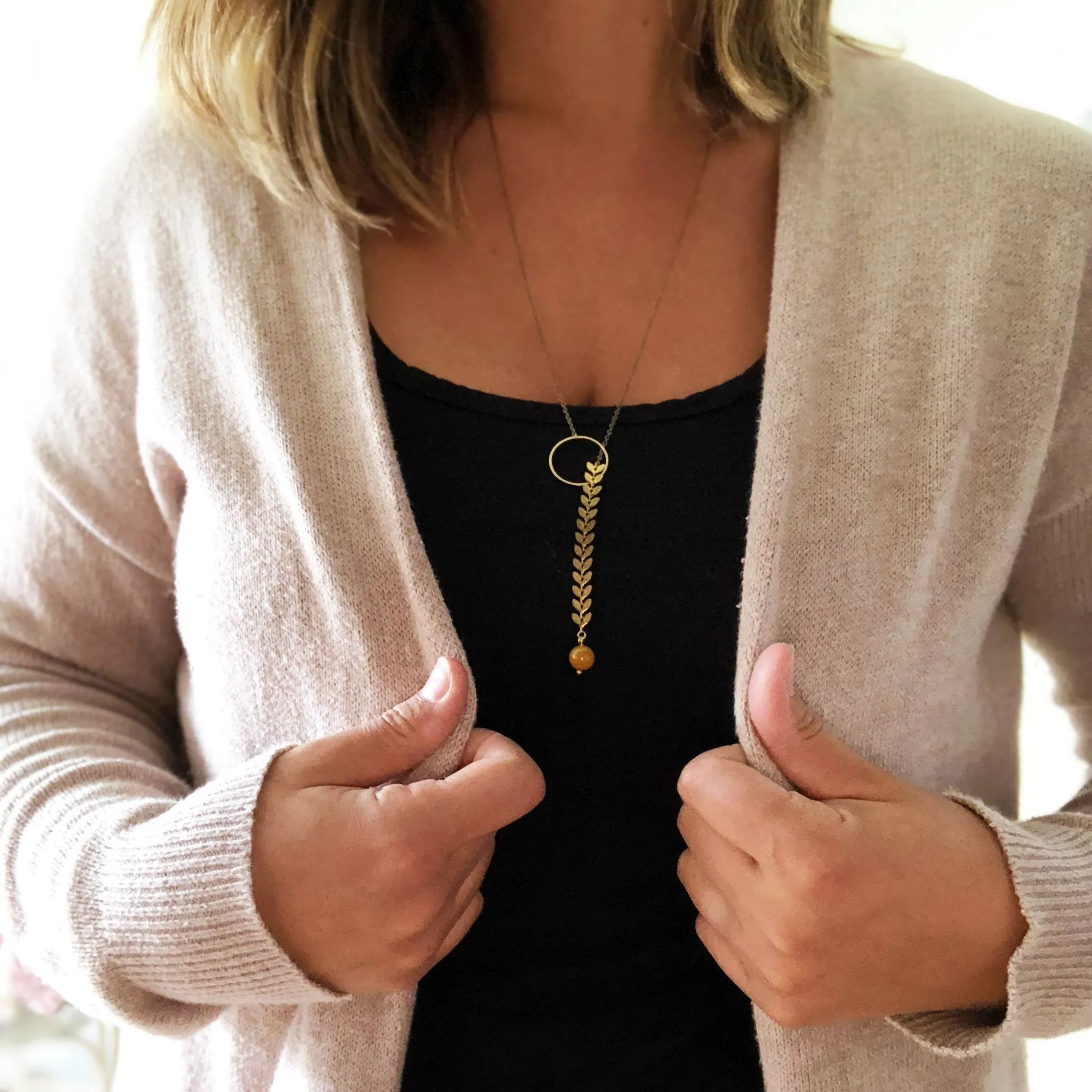 Gold Lariat Necklace with Drop