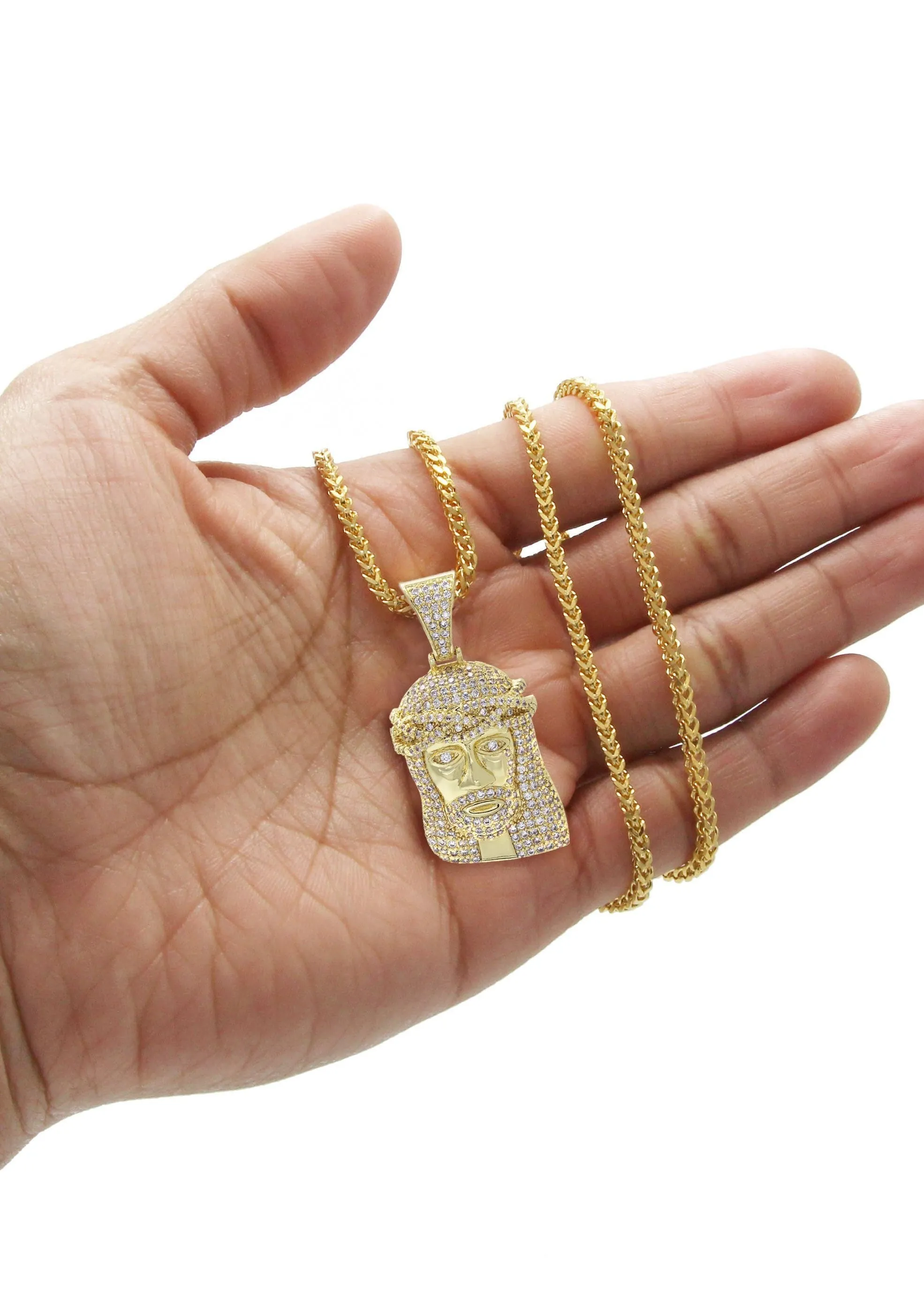 Gold Plated Franco Link Chain & Jesus Head Pendant | Appx. 14.8 Grams