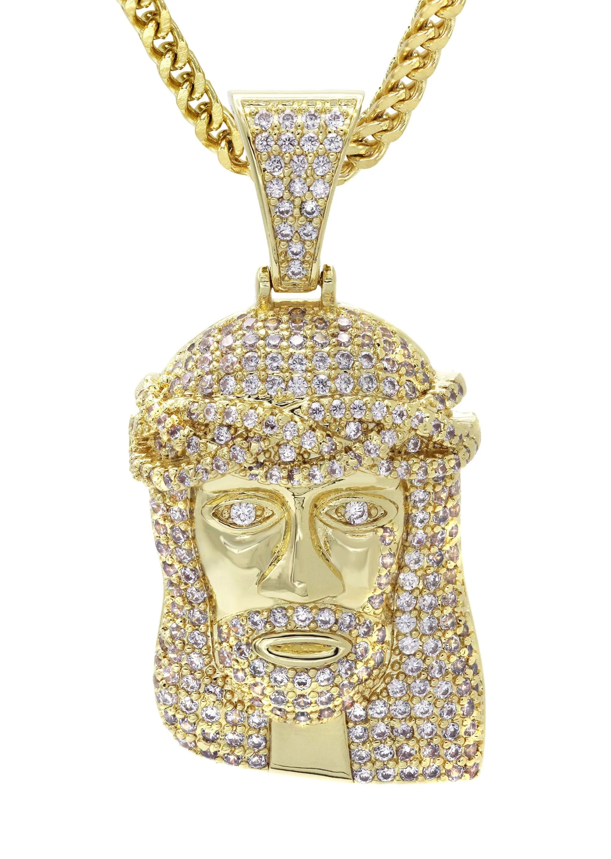 Gold Plated Franco Link Chain & Jesus Head Pendant | Appx. 14.8 Grams