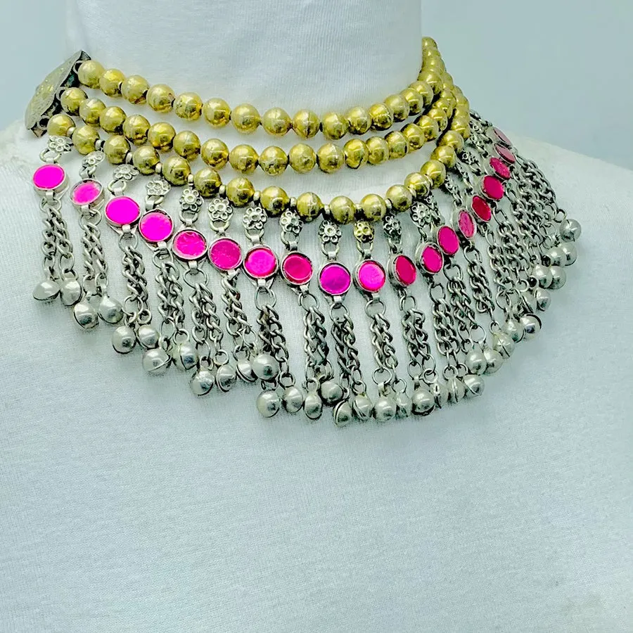 Golden Beaded Necklace With Pink Glass Stones
