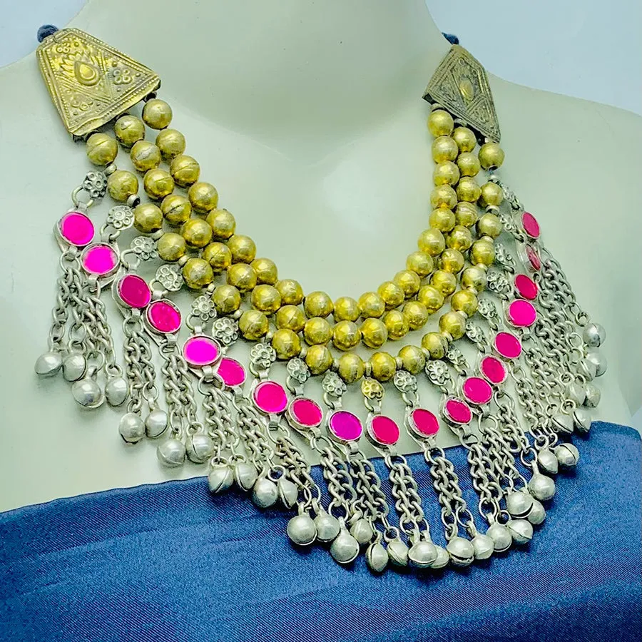 Golden Beaded Necklace With Pink Glass Stones