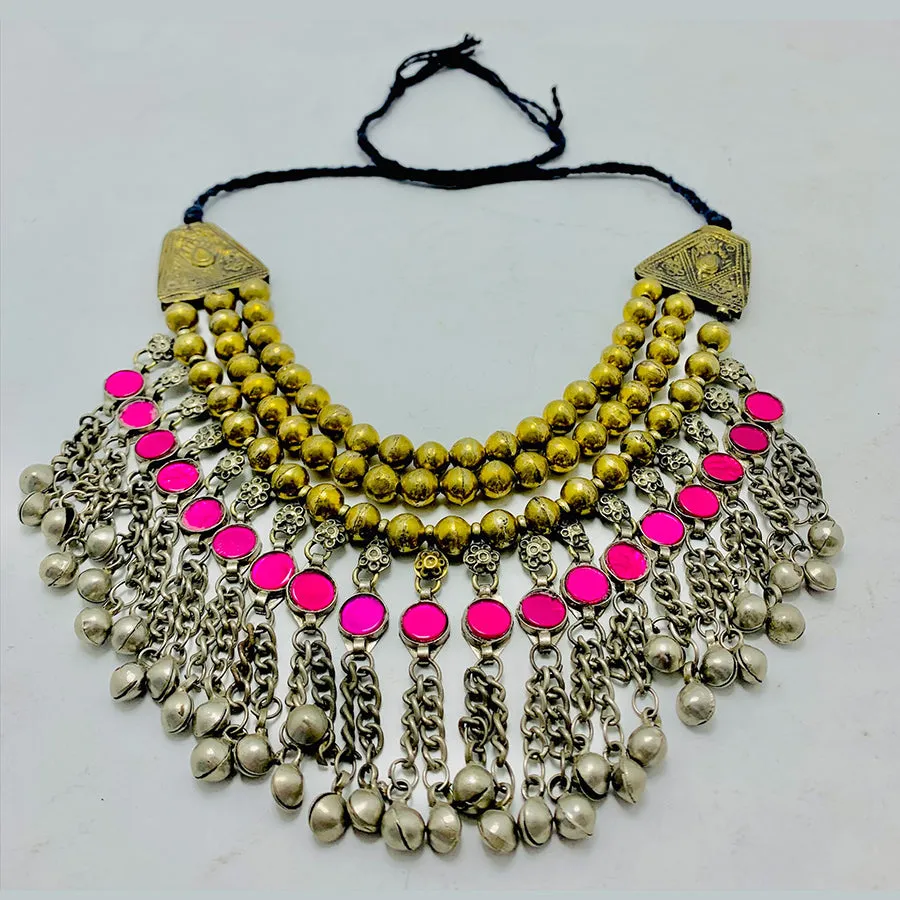 Golden Beaded Necklace With Pink Glass Stones