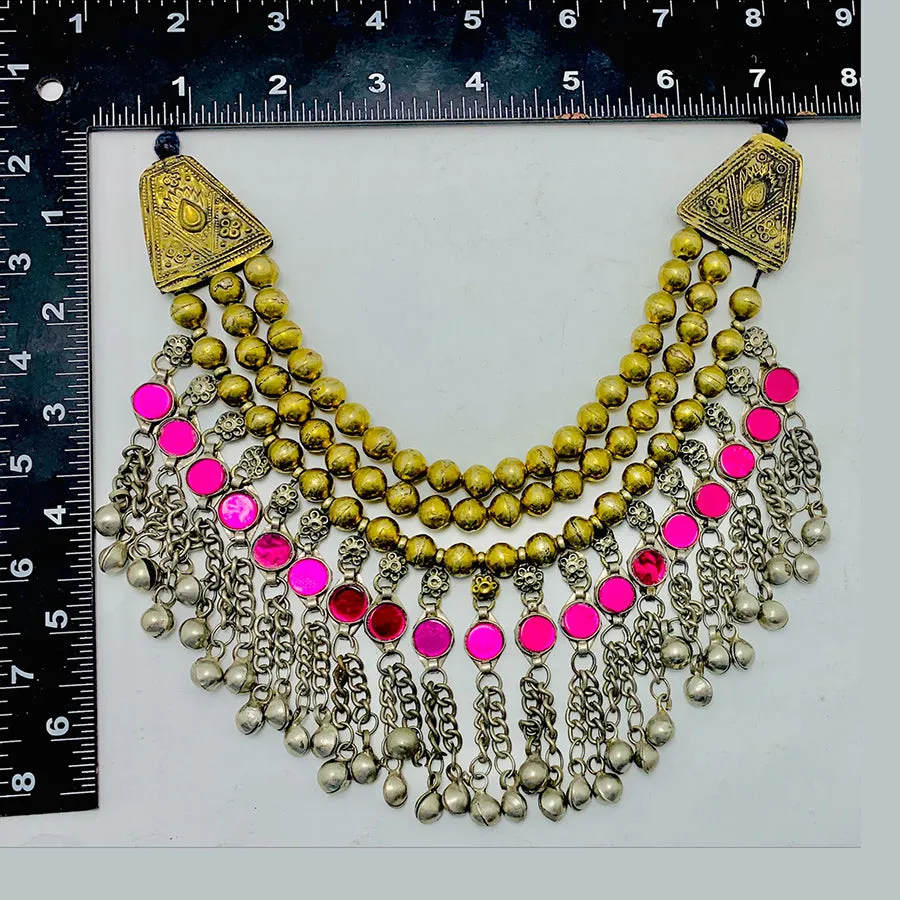 Golden Beaded Necklace With Pink Glass Stones