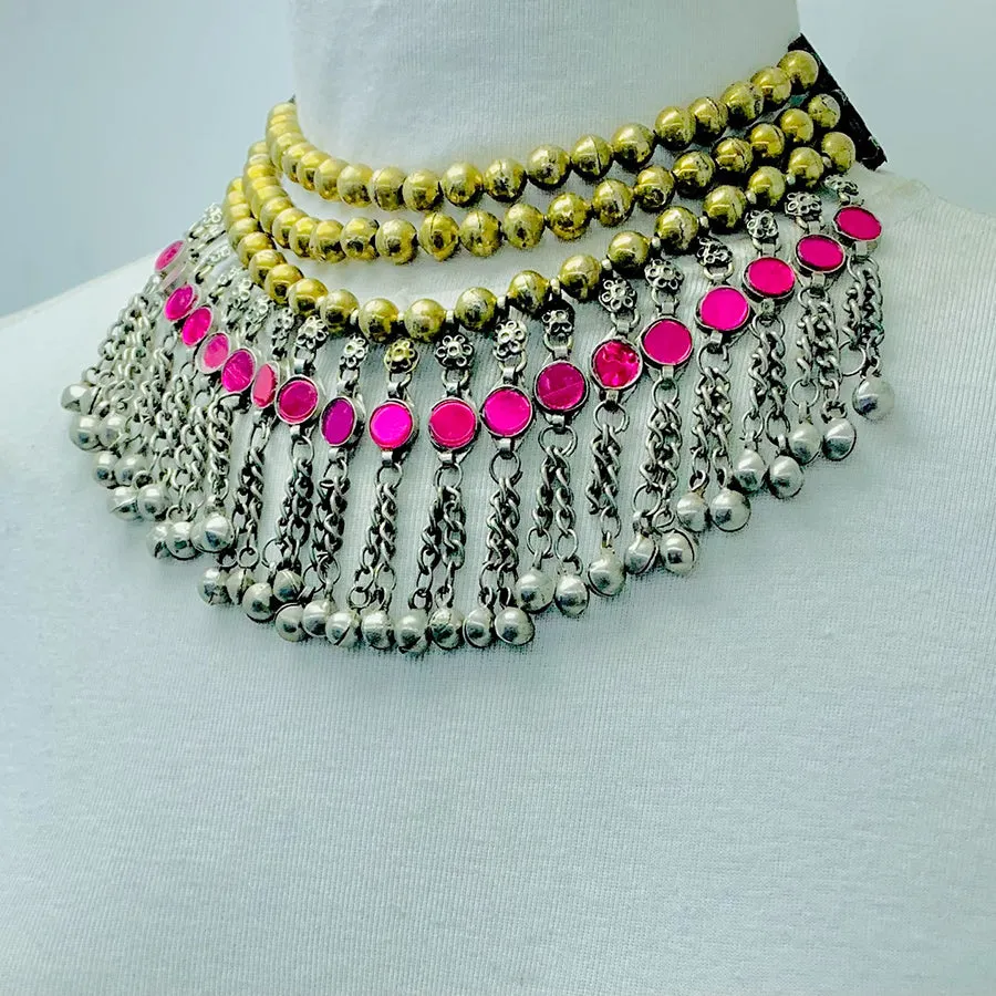 Golden Beaded Necklace With Pink Glass Stones