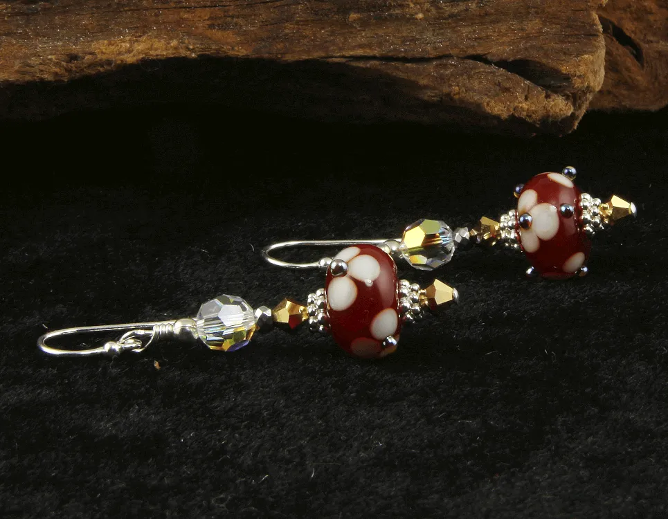 Golden Red Floral Lampwork Earrings