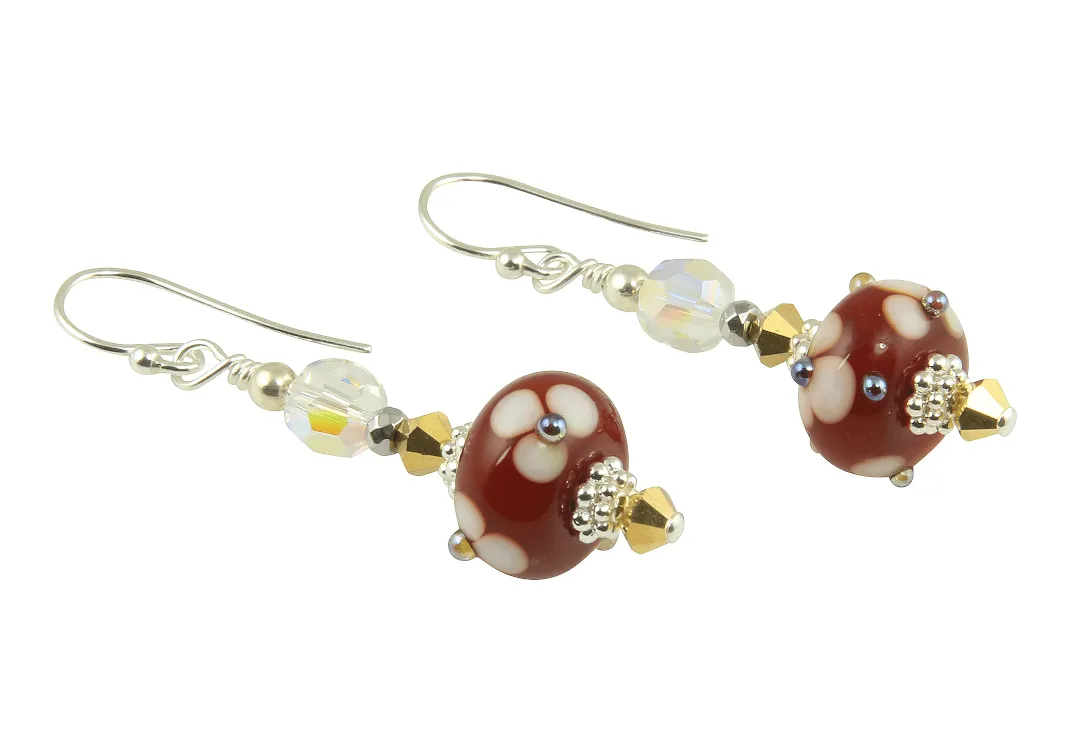 Golden Red Floral Lampwork Earrings