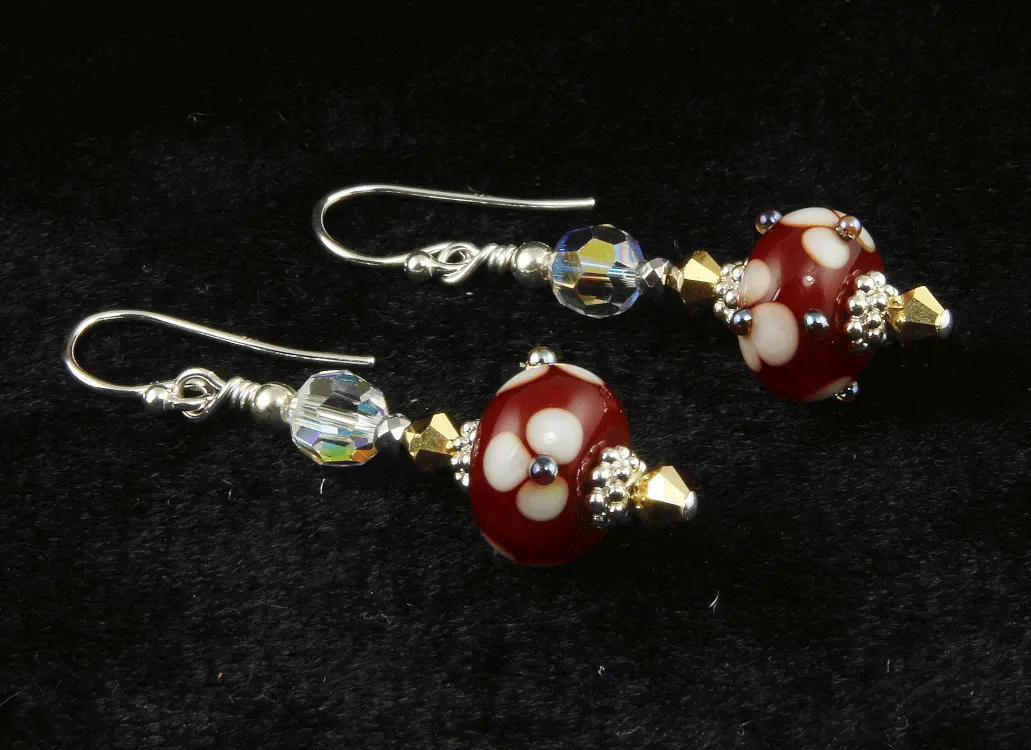 Golden Red Floral Lampwork Earrings