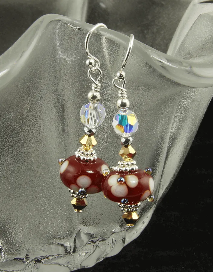 Golden Red Floral Lampwork Earrings