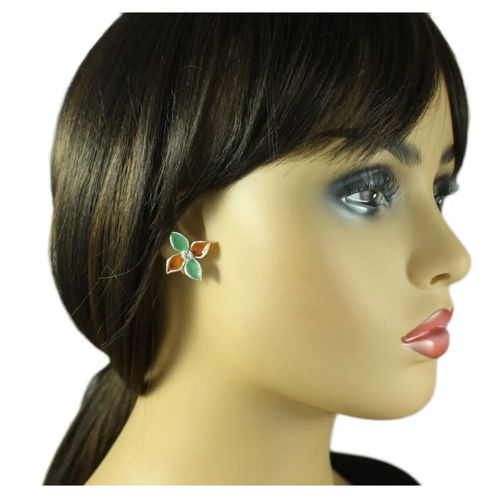 Green and Orange Stained Glass Flower Pierced Earring - FE303