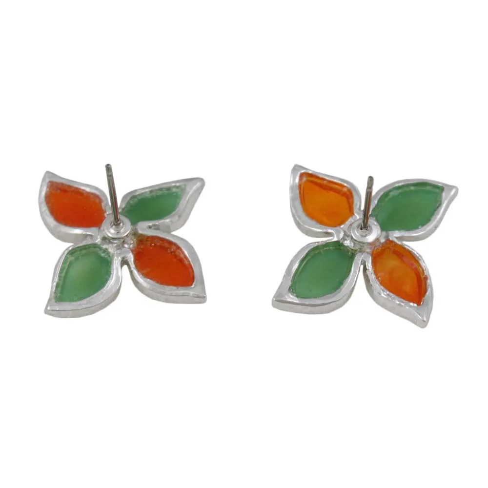 Green and Orange Stained Glass Flower Pierced Earring - FE303